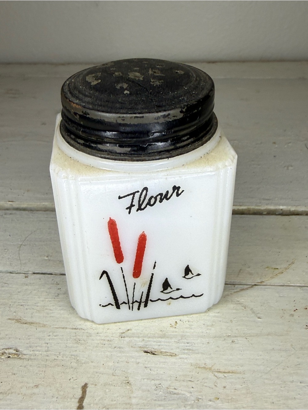 Vintage McKee Tipp City Milk glass Cattail Ducks Flour Shaker